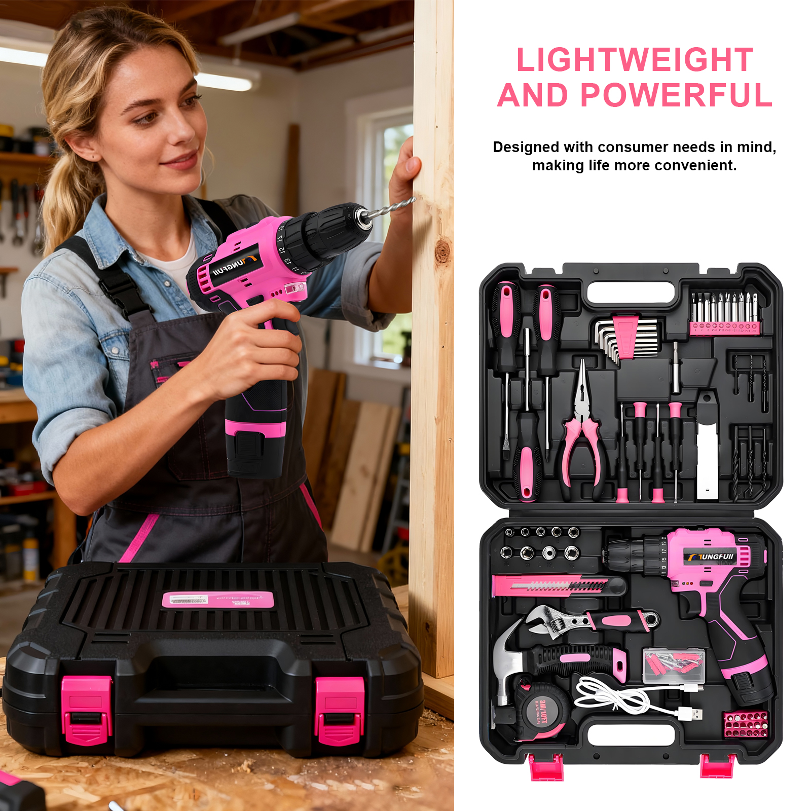 Power Tools Pink - 12V Cordless Drill Driver Kit Power