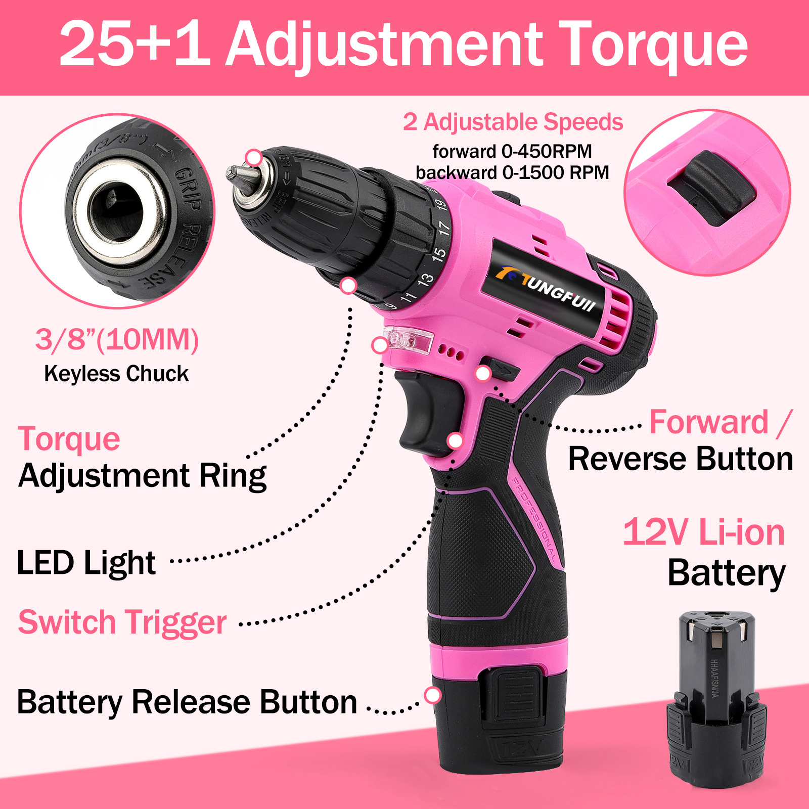 12V Cordless Drill Driver Kit  – обзор и цена Power Tools Pink